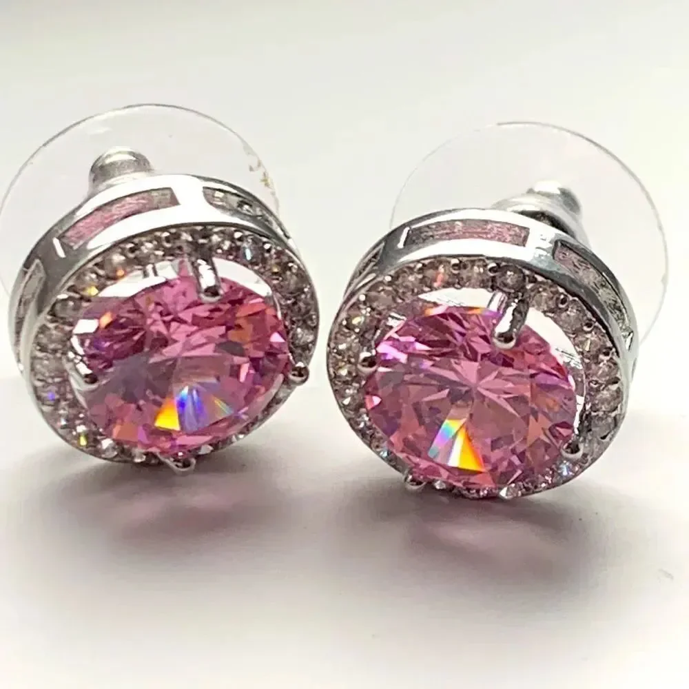 Big Bold Pink Power Crystal Round Studs with CZ Halo, Luxury Designer Style Gift
